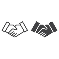 Obraz premium Handshake deal line and solid icon, outline and filled vector sign, linear and full pictogram isolated on white. Business partnership symbol, logo illustration