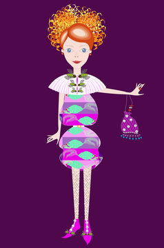 vector illustration with a pretty fashion little girl with red hair in originally decorated dress and shoes holding bag