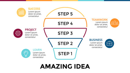 Vector light bulb linear infographic. Template for circle diagram, graph, presentation and round chart. Business startup idea lamp with 5 options, parts, steps, processes. Successful brainstorming.