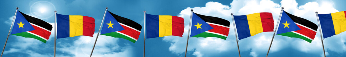 south sudan flag with Romania flag, 3D rendering