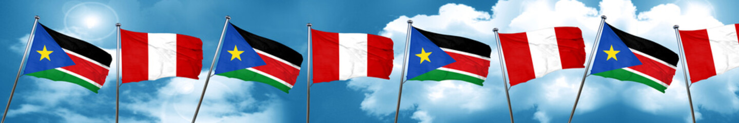 south sudan flag with Peru flag, 3D rendering