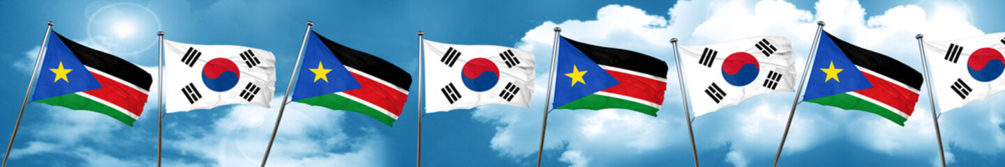south sudan flag with South Korea flag, 3D rendering