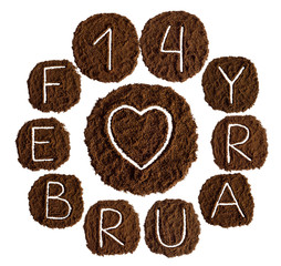 Valentine's day, February 14, decorated with ground coffee on white background