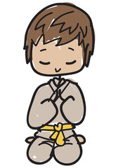 Obraz premium Doodle style cartoon young karateka with yellow belt kneeling to greet before or after his lesson