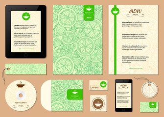 Corporate identity. Menu and Business cards for cafe and restaurant. Coffee and tea concept design. Lemon citrus pattern template card. Vector Illustration.
