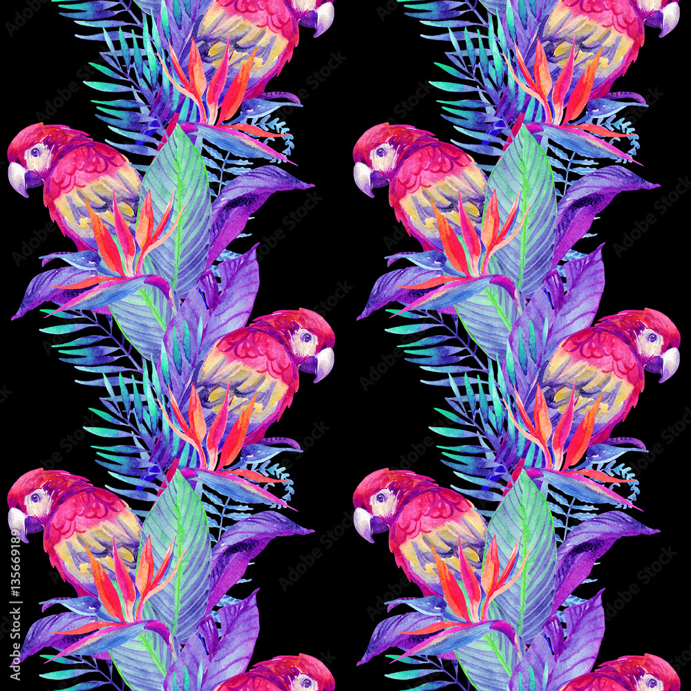 Poster watercolor parrots with tropical flowers seamless pattern