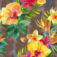 Zelfklevend Fotobehang Tropical watercolor flowers and leaves on animal print © Tanya Syrytsyna