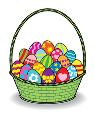 Decorated Coloured Eggs in a Green Basket