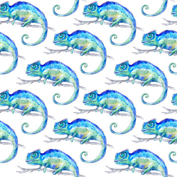 Seamless pattern of a blue chameleon on a branch. Watercolor hand drawn illustration.