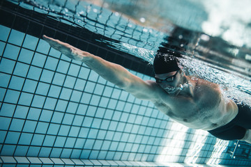 Pro swimmer practising in swimming pool