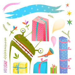 Fun Holiday Green Monster with Presents and Ribbon Clip Art Collection