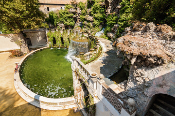 Sunny view of Fontana dell'Ovato, fountain and garden in Villa d`Este, Tivoli near Roma, Lazio...