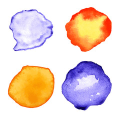 Set with orange and purple watercolor splashes, spots, dots