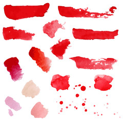 Set with Red and pink watercolor splashes, spots, dots and strip