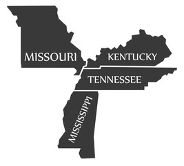 Missouri - Kentucky - Tennessee - Mississippi Map labelled black