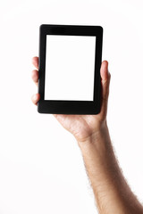 Hand holding black tablet isolated on white clipping path inside