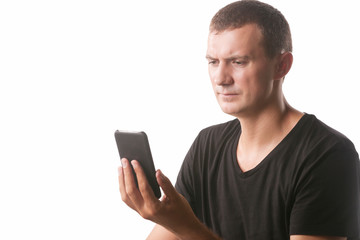 Young man using mobile phone,  isolated on white background
