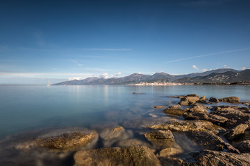 Fototapeta na wymiar View across Mediterranean at St Florent bay in Corsica