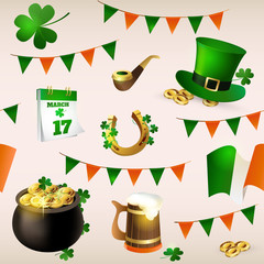 Seamless pattern of illustrations for celebrating St. Patrick's Day. Leprechaun hat, pot of gold, clover and flag. 