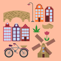Amsterdam city flat line art. Travel landmark, architecture of netherlands, Holland houses, european building isolated set, windmill, bridge, bike, shoes and lamp