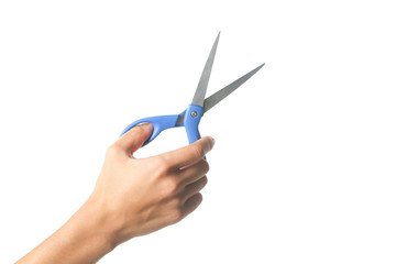 Hand with scissors isolated on the white background