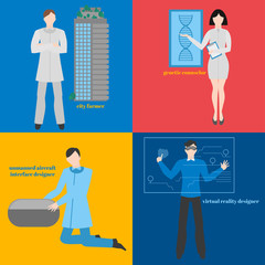 Future professions set. Futuristic occupation. Man with VR headset. Designer Virtual reality. City farmer. Genetic counselor. Unmanned aircraft interface designer.