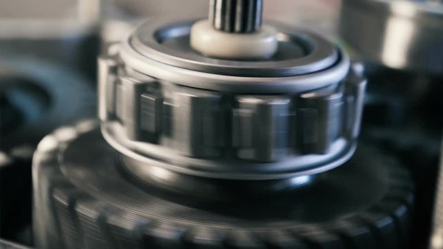 working of car transmission mechanism, close-up 