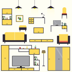 Cartoon set furniture living room interior design