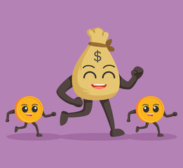 money sack character followed by coins