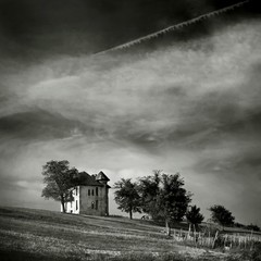Black and white ruined house with trees next to it in the field and dramatic sky