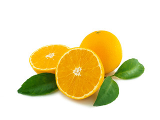 Orange fruit slice with green leaf of isolated