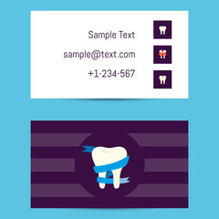 Professional business card template for dentists with tooth symbol with blue ribbon on perpl background, vector illustration. Dental office or clinic visiting card. Dental care concept