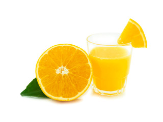 Freah orange juice in glass and fruit orange slice isolated
