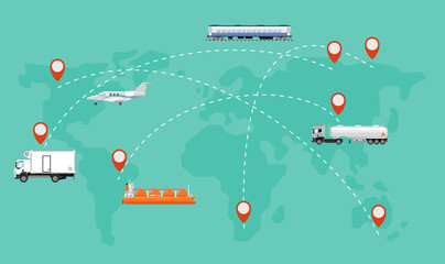 Air cargo trucking, rail transportation, maritime shipping vector illustration. International logistic company worldwide operations with cargo distribution shipment and transportation. Global network