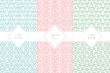 Set of packaging design templates with seamless patterns and frames. Suitable for cosmetics, beauty products, business card backgrounds with classic pattern. Design in trendy minimal linear style
