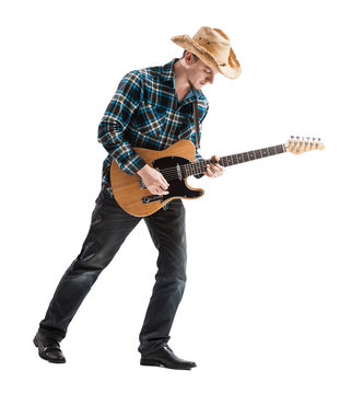 blues or country guitarist isolated on white