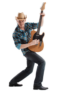 blues or country guitarist isolated on white
