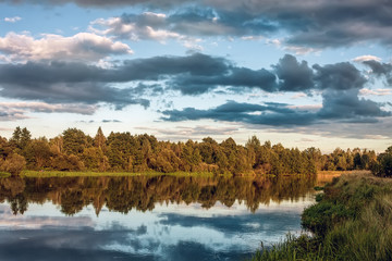 Clouds reflected in calm water.