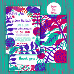 Vintage Save the date with cute Floral elements. Card invitation for Wedding, Party. Trendy flat color vector template with thank you card.