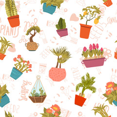 Doodle textured cactuses. Seamless pattern.