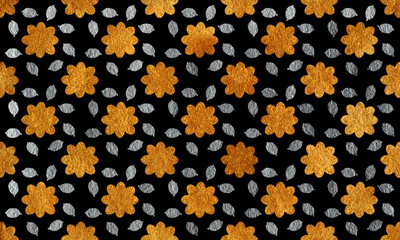 Golden and silver flowers with leaves on black background.