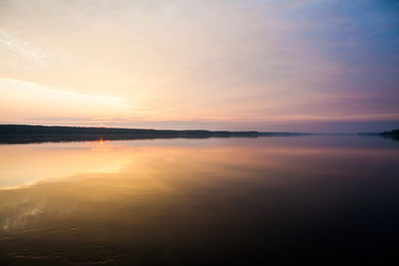 Sunrise on the Danube at Oriahovo, the border between Romania and Bulgaria. View from the ferry
