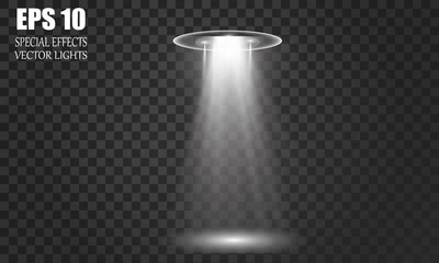 UFO light beam, aliens futuristic spacecraft isolated on transparent checkered background vector illustration. Saucer transport in dark