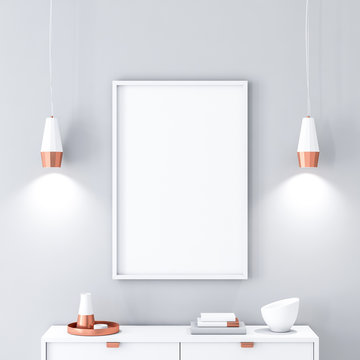 White poster Frame hanging on the wall. 3d rendering