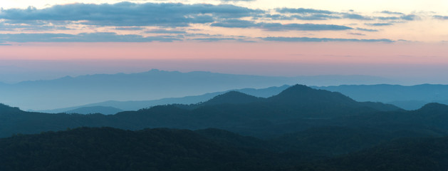 Silhouette panorama of layer mountain in the morning, north of Thailand