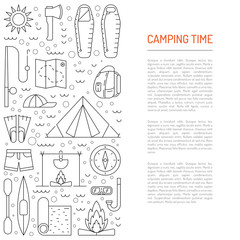 Vector linear icons on the topic of camping and Hiking in the wild, forest, lake, mountains, painted in a linear style.