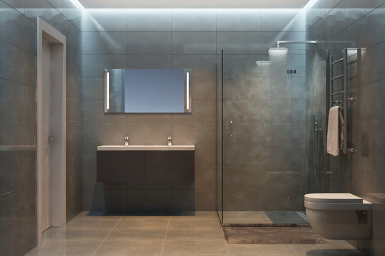 Gray modern shower room in the evening 