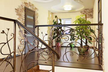 Classical stairs with ornamental handrail in hallway with doors