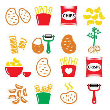Potato, French fries, crisps, chips vector icons set 