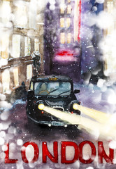 Obraz premium London, a large inscription in red letters, a London cab - a cab